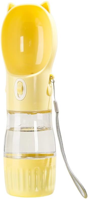 Dog Travel Water Bottle with Food Container – 2-in-1 Portable Pet Water Dispenser, Leak-Proof Dog Water Bottle with Bowl & Lanyard, 250ml/180g Capacity, Yellow