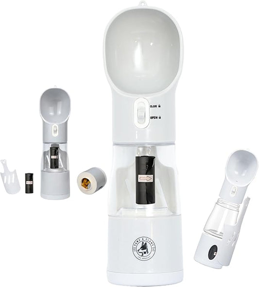 All-in-One Portable Dog Water Bottle, Food Dispenser, Poop Bag Dispenser, Dry/Wet Food Container 7 oz., Travel Water Bottle 9oz., 2 Poop Bags Included, Food Grade Plastic, Leak Proof-Grey Color