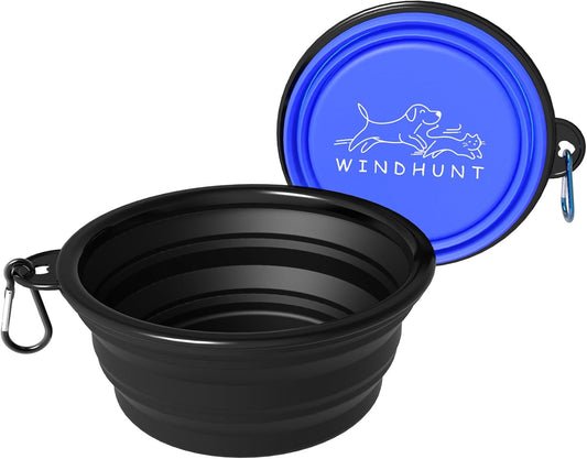 2-Pack Collapsible Dog Bowls, Portable Travel Pet Bowl with Carabiner – Foldable Silicone Feeding Dish for Dogs and Cats On-The-Go (Green + Blue)