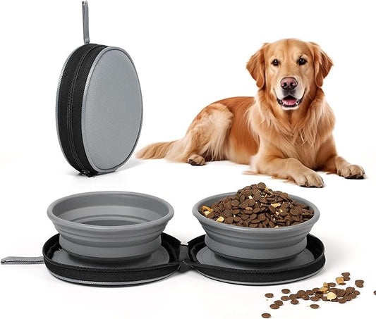 2-in-1 Dual Sided Collapsible Pet Bowl,Foldable Travel Dog Bowls, 2 in 1 Pet Bowl Portable Silicone Collapsible Cat Food and Water Bowl for Travel, Hiking and Walking, Bowls for Pet Food Serving